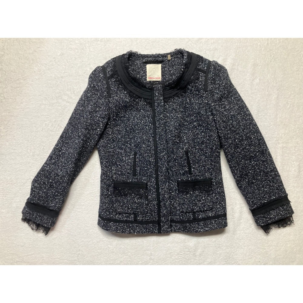 REBECCA TAYLOR Tweed Collarless Jacket Black Tweed Blazer Lace Trim Women's SZ 4 - Picture 2 of 16